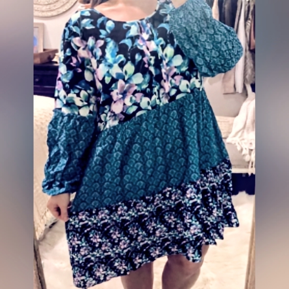 Soft Surroundings Shift Dress Floral Balloon Sleeve Night Bloom Blue